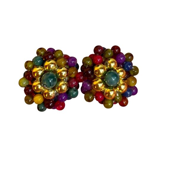 Mid-Century Cluster Earrings - Multi jewel tones w/ gold hexagon - Picture 1 of 6